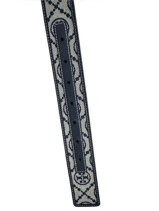 Tory Burch Black and Beige Logo Web Belt with Gold Medallion Buckle Size Small